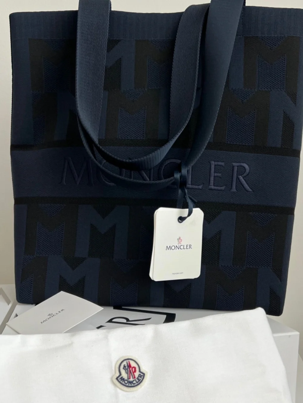 Moncler Bag Unisex Large Tote Navy Blue Knitted Jacquard Shopper Travel $1,500